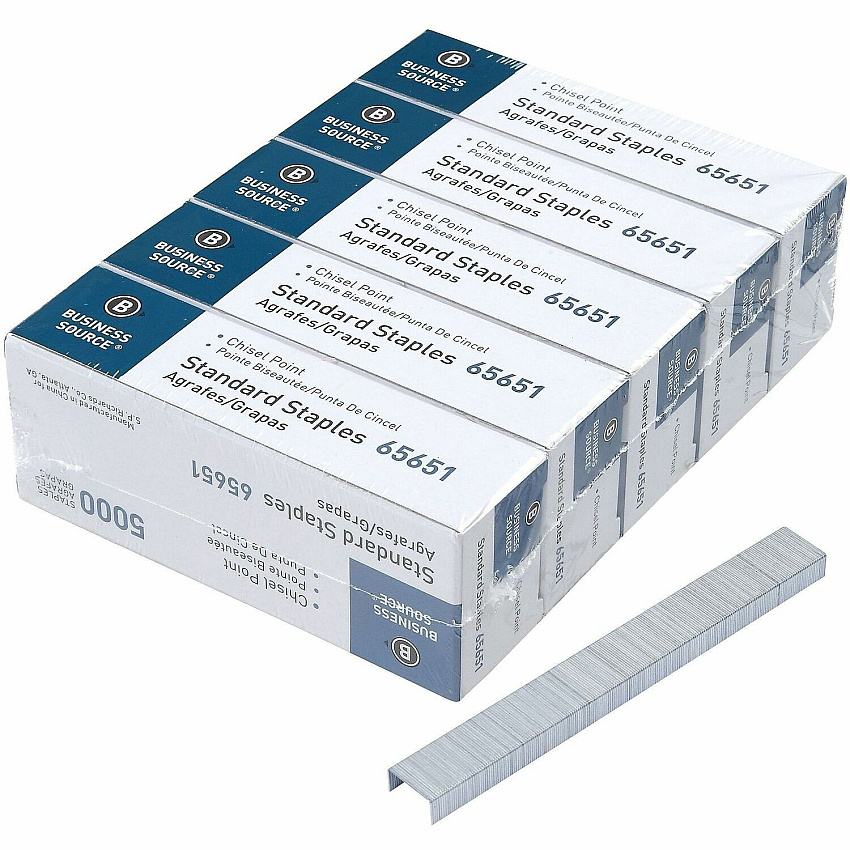 Business Source Chisel Point Standard Staples Standard - 1/4" Leg - 1/2" Crown - Holds 30 Sheet(s) - for Paper - Chisel Point - Silver - Galvanized Iron - 210 Per Strip - 5000/Box - 5 / Pack (BSN65651)