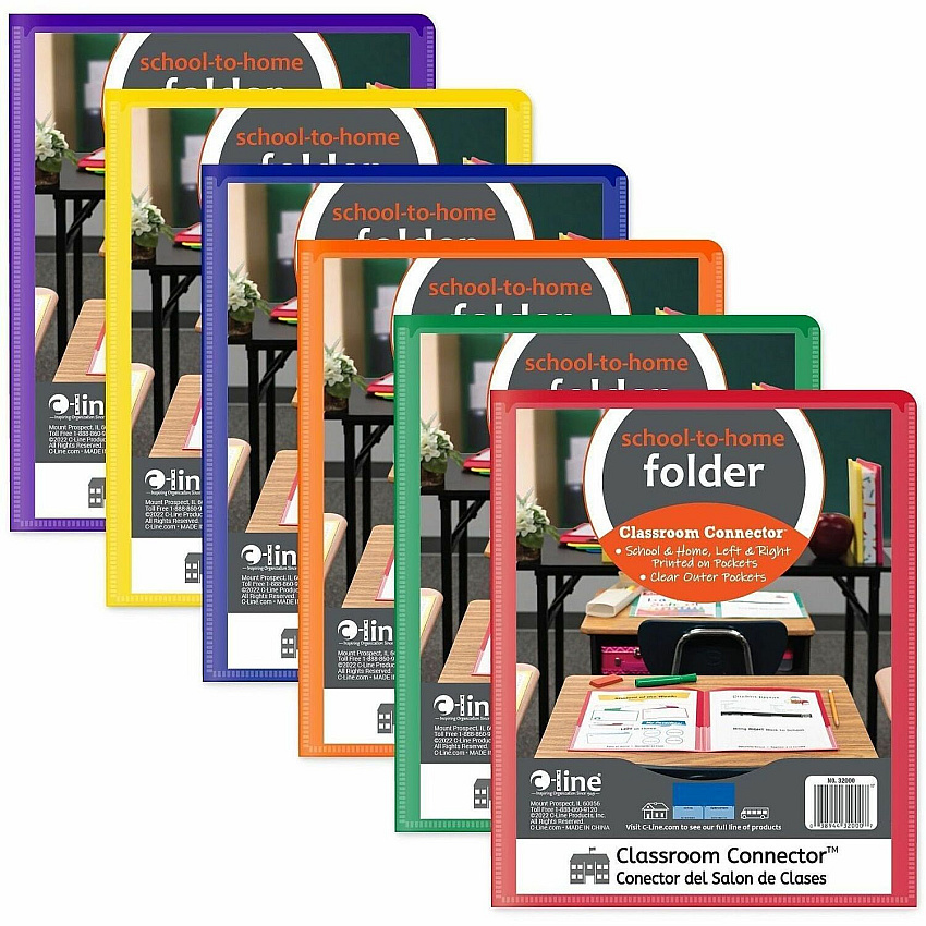 C-Line Classroom Connector Report Cover 2 Front & Back Pocket - Red, Orange, Yellow, Blue, Green, Purple - 36 / Box (32000)