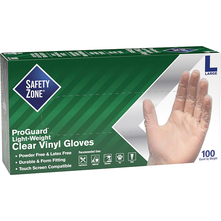 Safety Zone Powder Free Clear Vinyl Gloves 9.25" Glove Length - Large Size - Clear - Latex-free, DEHP-free, DINP-free, PFAS-free, Comfortable, Silicone-free - For Janitorial Use, Cosmetics, Painting, Cleaning, General Purpose, Pet Care - 100 /  (GVP9LGHH)