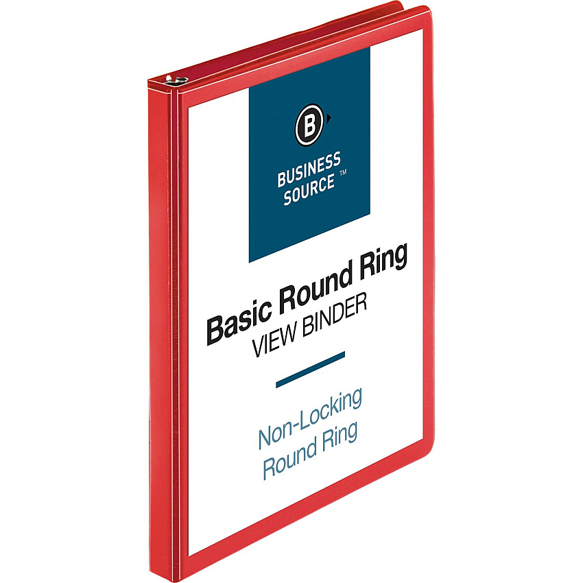 Business Source Round Ring Binder 1/2" Binder Capacity - Fastener: Round Ring - Pocket: 2, Internal - Red - Clear Overlay, Labeling Area - 1 Each (BSN09965)
