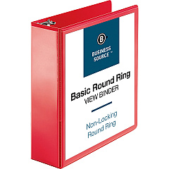 Business Source Round Ring Binder 3" Binder Capacity - Fastener: Round Ring - Pocket: 2, Internal - Red - Clear Overlay, Labeling Area - 1 Each (BSN09969)