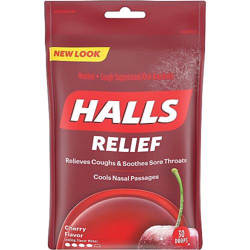 HALLS Halls Cherry Cough Drops For Sore Throat, Cough, Nasal Congestion - Cherry - 30/Bag - 1 Box (62182)