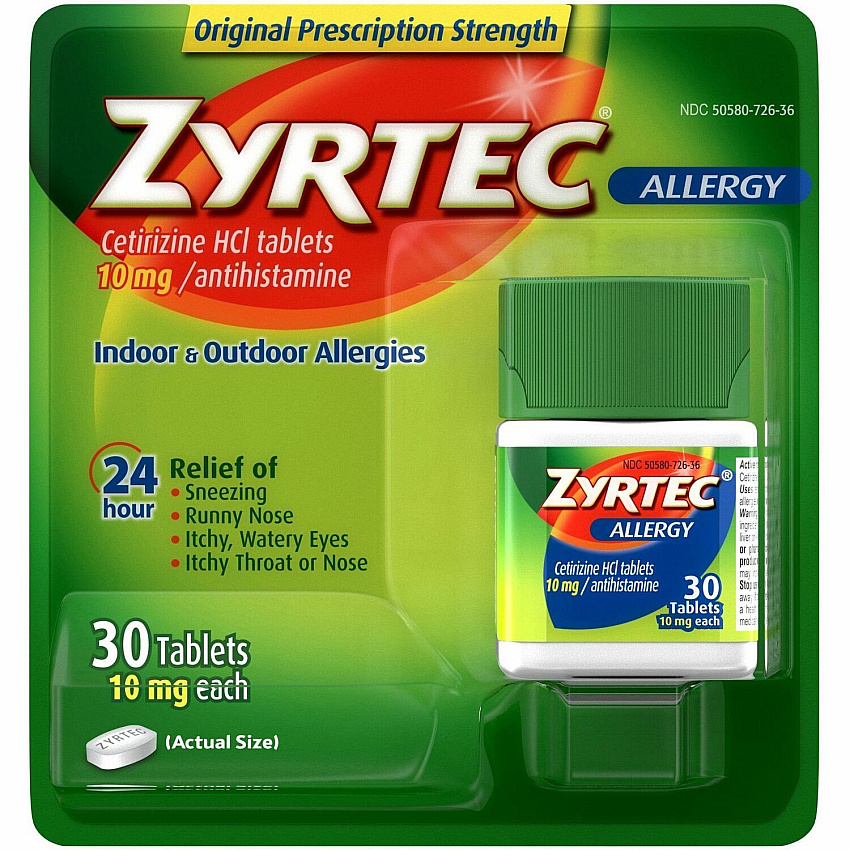 Zyrtec Allergy Tablets For Runny Nose, Sneezing, Itchy Throat - 30 / Card (20436)