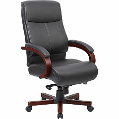 Lorell Executive High-Back Wood Finish Office Chair Black Seat Color - Bonded Leather Seat Material - Black Back Color - Bonded Leather Back Material - High Back - Black, Mahogany - 1 Each (LLR69532)