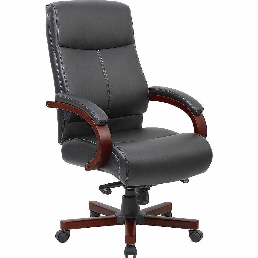 Lorell Executive High-Back Wood Finish Office Chair Black Seat Color - Bonded Leather Seat Material - Black Back Color - Bonded Leather Back Material - High Back - Black, Mahogany - 1 Each (LLR69532)