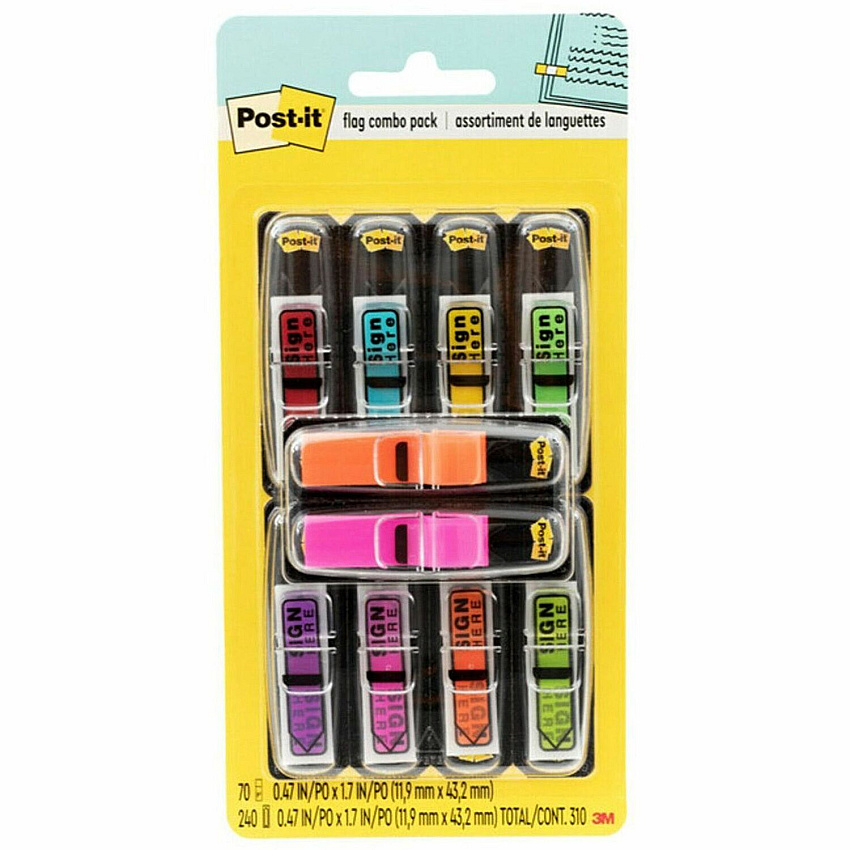 Post-it&reg; Post-it Printed Message Flags Value Pack 1/2" Flag/Note Width x 1 3/4" Flag/Note Length - Arrow - SIGN HERE - Assorted - Self-stick, Repositionable, Removable - Dispenser Included - 240 / Pack (684SHVA)