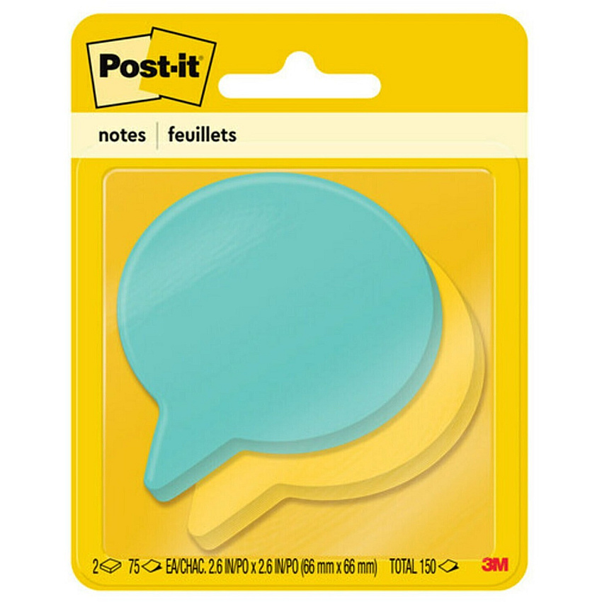 Post-it&reg; Die-Cut Notes 150 x Assorted - 3" Flag/Note Width x 3" Flag/Note Length - Thought Bubble - 75 Sheets per Pad - Blue, Green - Die-cut, Self-adhesive - 2 / Pack (7350BLB)