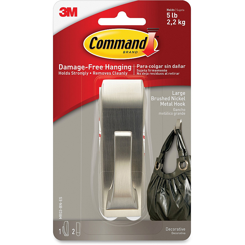 Command Large Modern Reflections Hook 5 lb (2.27 kg) Capacity - for Painted Surface, Wood, Tile - Metal - Brushed Nickel - 1 Pack (MR03BNES)