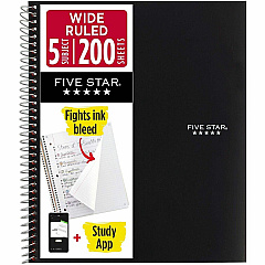 Acco Five Star Wirebound Black 5-subject Notebook 200 Sheets - Wire Bound - Wide Ruled Front Ruling - 3 Hole(s) - 8" x 10 1/2" Sheet Size - Black Plastic Cover - Perforated, Water Resistant, Durable Cover, Resist Bleed-through, Easy Tear, Pocket D (72045) Acco Five Star Wirebound Black 5-subject Notebook 200 Sheets - Wire Bound - Wide Ruled Front Ruling - 3 Hole(s) - 8" x 10 1/2" Sheet Size - Black Plastic Cover - Perforated, Water Resistant, Durable Cover, Resist Bleed-through, Easy Tear, Pocket D (72045)