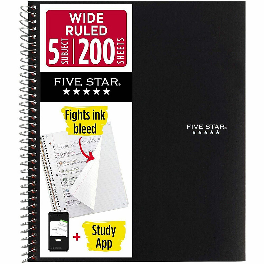 Acco Five Star Wirebound Black 5-subject Notebook 200 Sheets - Wire Bound - Wide Ruled Front Ruling - 3 Hole(s) - 8" x 10 1/2" Sheet Size - Black Plastic Cover - Perforated, Water Resistant, Durable Cover, Resist Bleed-through, Easy Tear, Pocket D (72045)