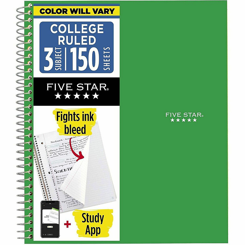 Acco Five Star College Ruled 3 - subject Notebook - Letter 150 Sheets - Wire Bound - College Ruled Front Ruling - Letter - 8 1/2" x 11" Sheet Size - Green Kraft Cover - 1 Each (72067)