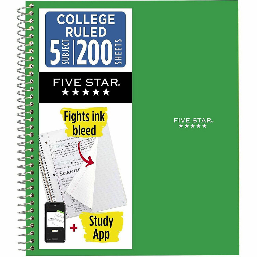 Acco Five Star Wirebound College Rule 5 - subject Notebook - Letter 200 Sheets - Wire Bound - College Ruled Front Ruling - Letter - 8 1/2" x 11" Sheet Size - Green Cover - 1 Each (72079)