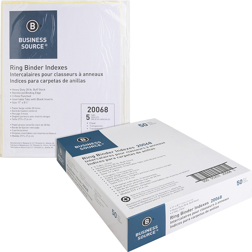 Business Source Buff Stock Ring Binder Indexes 5 x Divider(s) - Blank Tab(s) - 5 Tab(s)/Set - 2" Tab Width - 8.5" Divider Width x 11" Divider Length - Letter - 3 Hole Punched - Buff Buff Paper Divider - Clear Tab(s) - Tear Resistant, Reinforc (BSN20068BX)