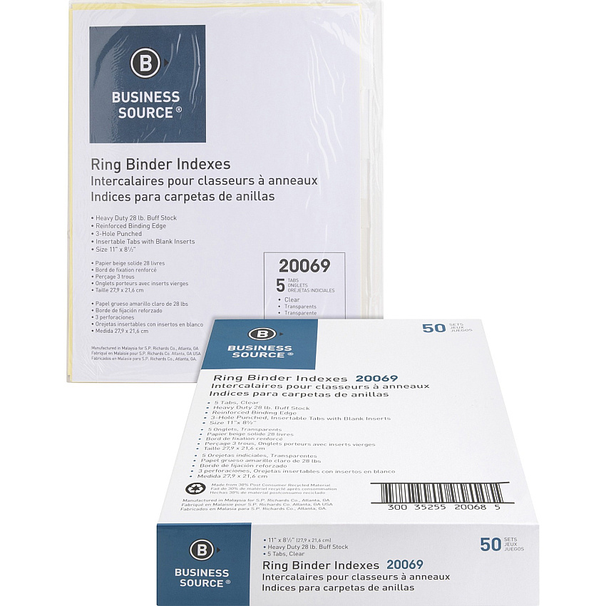 Business Source Buff Stock Ring Binder Indexes 8 x Divider(s) - Blank Tab(s) - 8 Tab(s)/Set - 1.25" Tab Width - 8.5" Divider Width x 11" Divider Length - Letter - 3 Hole Punched - Clear Buff Paper Divider - Clear Tab(s) - Tear Resistant, Rein (BSN20069BX)