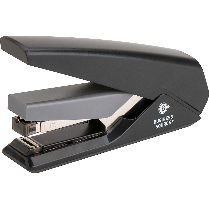 Business Source Full Strip Flat-Clinch Stapler Staples Upto 30 Sheet of 20lb Paper - Holds Upto 210 Staple - Full Strip - Staple Size: 0.25" - Front Loading - Black - 1 Each (BSN62838)