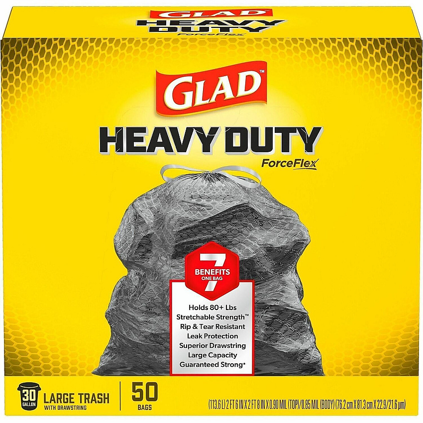Glad ForceFlex Heavy-Duty Large Drawstring Trash Bags Large Size - 30 gal Capacity - 32.01" Length x 30" Width x 0.90 mil (23 Micron) Thickness - Drawstring Closure - Black - Garbage, Indoor, Outdoor, Home, Office, Restaurant, Commercial/ - 1 Box (78997)