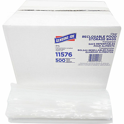 Genuine Joe Food Storage Bags 1 quart Capacity - 8" Length x 7" Width x 1.75 mil (44 Micron) Thickness - Zipper Closure - Clear - Food, Beef, Poultry, Vegetables, Seafood - 500 / Box (GJO11576)
