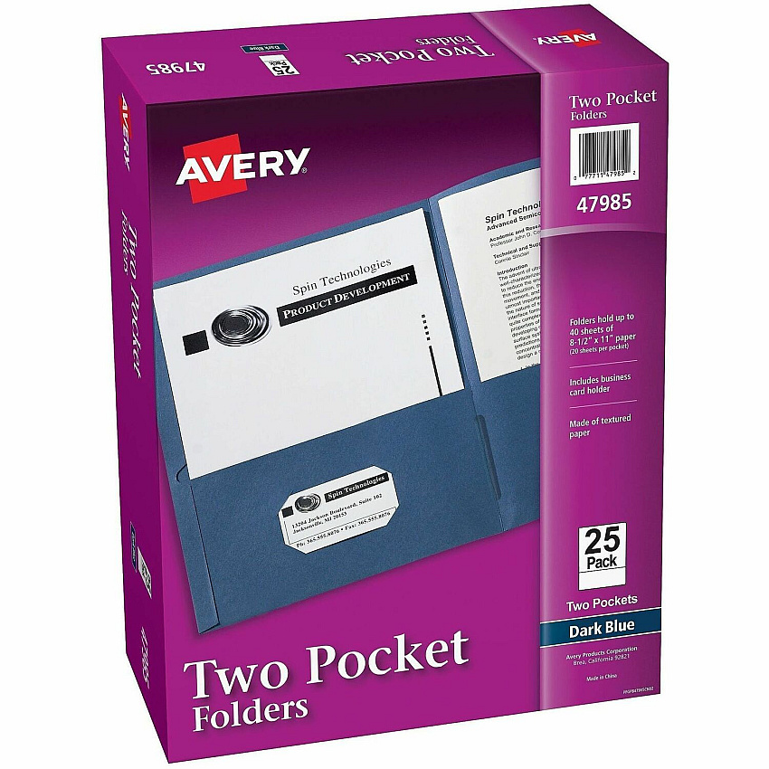 Avery&reg; Letter Pocket Folder 8 1/2" x 11" - 40 Sheets Capacity - 2 Internal Pocket - Embossed Paper - Dark Blue - Embossed, Lightweight, Flexible - 25/Box - 5 / Carton (47985CT)