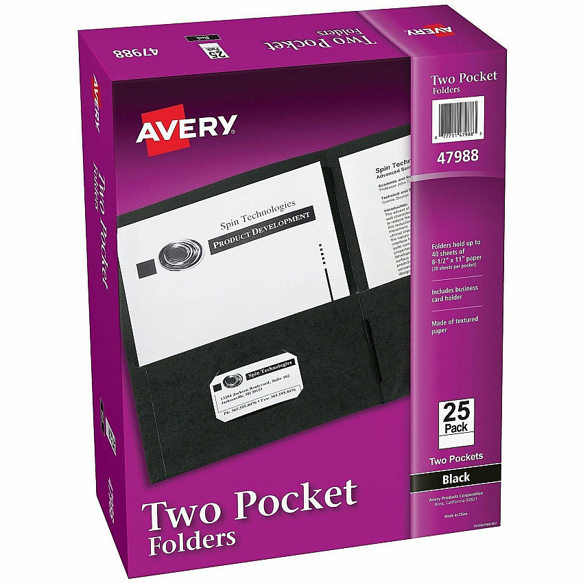 Avery&reg; Letter Pocket Folder 8 1/2" x 11" - 40 Sheets Capacity - 2 Internal Pocket - Embossed Paper - Black - Embossed - 25/Box - 5 / Carton (47988CT)