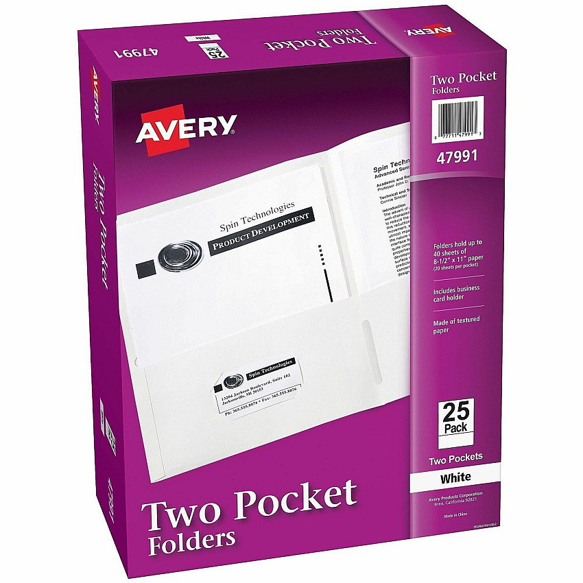 Avery&reg; Letter Pocket Folder 8 1/2" x 11" - 40 Sheets Capacity - 2 Internal Pocket - Embossed Paper - White - Embossed - 25/Box - 5 / Carton (47991CT)