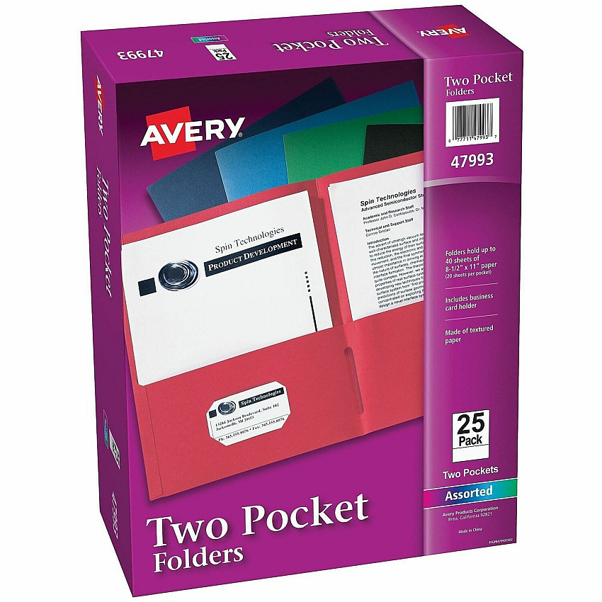 Avery&reg; Letter Pocket Folder 8 1/2" x 11" - 40 Sheets Capacity - 2 Internal Pocket - Embossed Paper - Assorted - Embossed - 25/Box - 5 / Carton (47993CT)