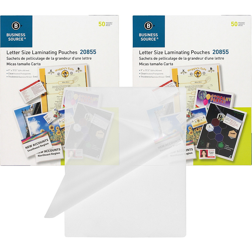 Business Source Letter Size Laminating Pouches Sheet Size Supported: Letter 8.50" Width x 11" Length - Laminating Pouch/Sheet Size: 9" Width x 11.50" Length x 5 mil Thickness - for Photo, Document, ID Badge, Recipe - Pre-trimmed - Clear - 50/ (BSN20855BD)