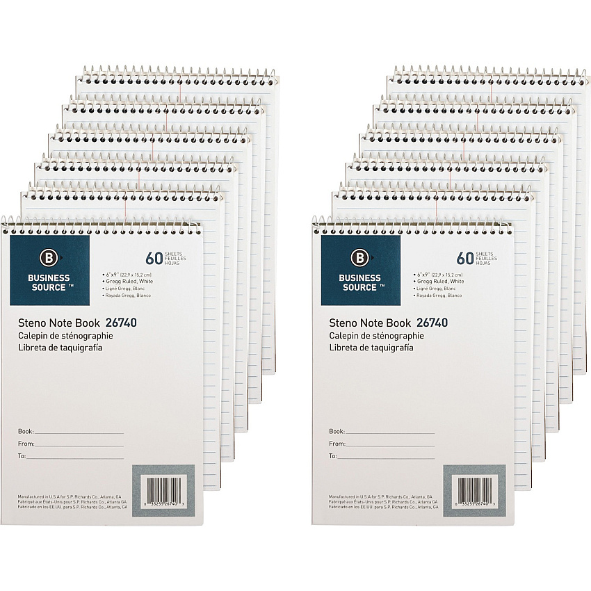 Business Source Steno Notebook 60 Sheets - Wire Bound - Gregg Ruled Margin - 15 lb Basis Weight - 6" x 9" Sheet Size - White Paper - Stiff-back - 12 / Pack (BSN26740PK)