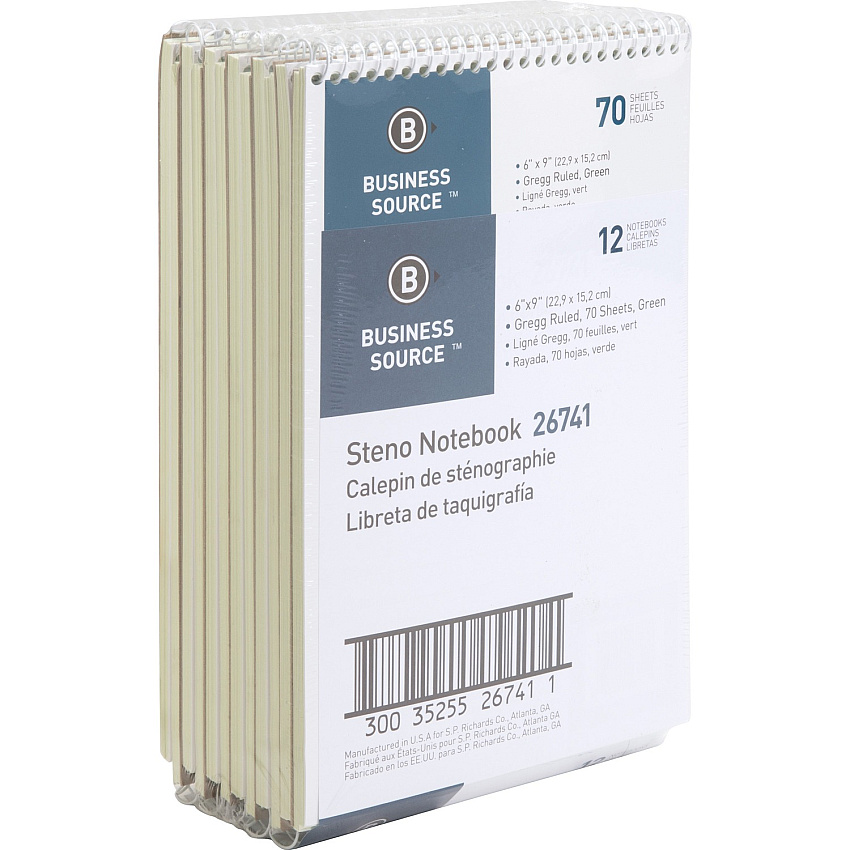 Business Source Steno Notebook 70 Sheets - Wire Bound - Gregg Ruled Margin - 15 lb Basis Weight - 6" x 9" Sheet Size - Green Paper - Stiff-back - 12 / Pack (BSN26741PK)