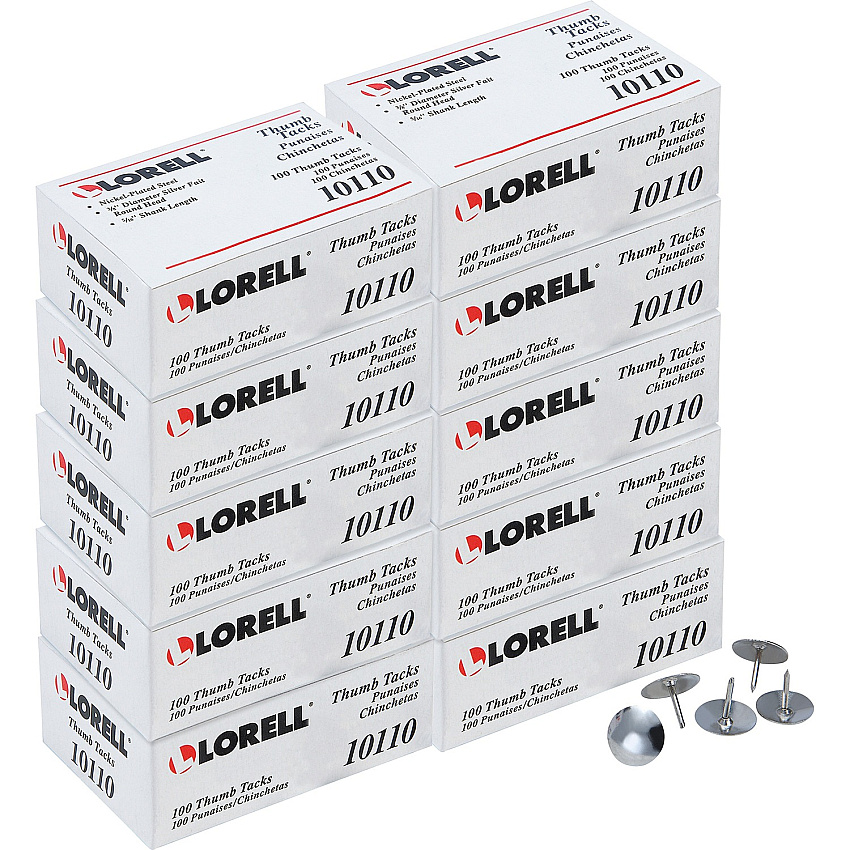 Lorell 5/16" Long Thumb Tacks 0.31" Shank - 0.37" Head - for Schedule, Wall - Silver - Nickel Plated Steel - 100/Pack - 10 / Box (LLR10110BX)