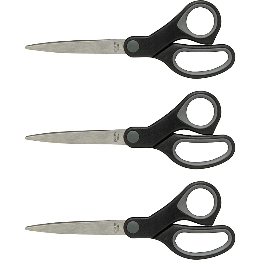 Sparco Straight Scissors w/Rubber Grip Handle 7" Overall Length - Straight - Stainless Steel - Pointed Tip - Black, Gray - 3 / Bundle (25225BD)