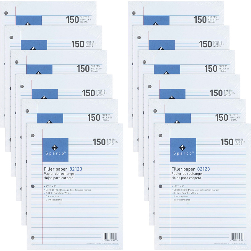 Sparco 3HP Filler Paper 1800 Sheets - College Ruled Front Ruling - Ruled Red Margin - 16 lb Basis Weight - 8" x 10 1/2" Sheet Size - White Paper - Bleed-free - 150/Pack - 12 / Bundle (82123BD)
