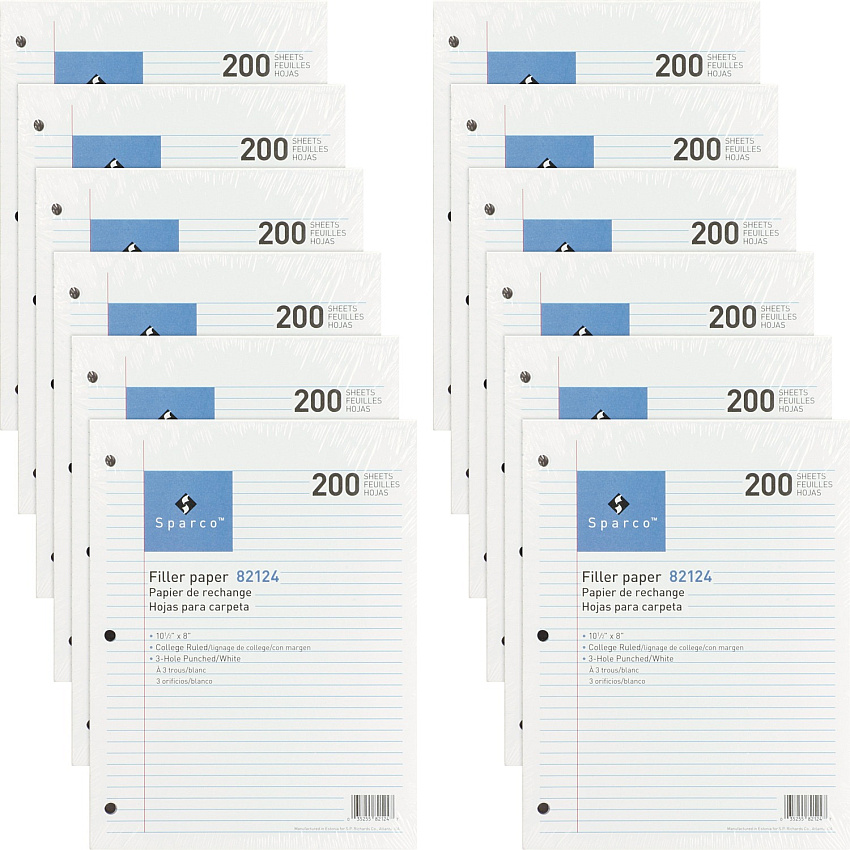 Sparco 3-hole Punched Filler Paper 2400 Sheets - College Ruled Front Ruling - Ruled Red Margin - 16 lb Basis Weight - 8" x 10 1/2" Sheet Size - White Paper - Bleed-free - 200/Pack - 12 / Bundle (82124BD)