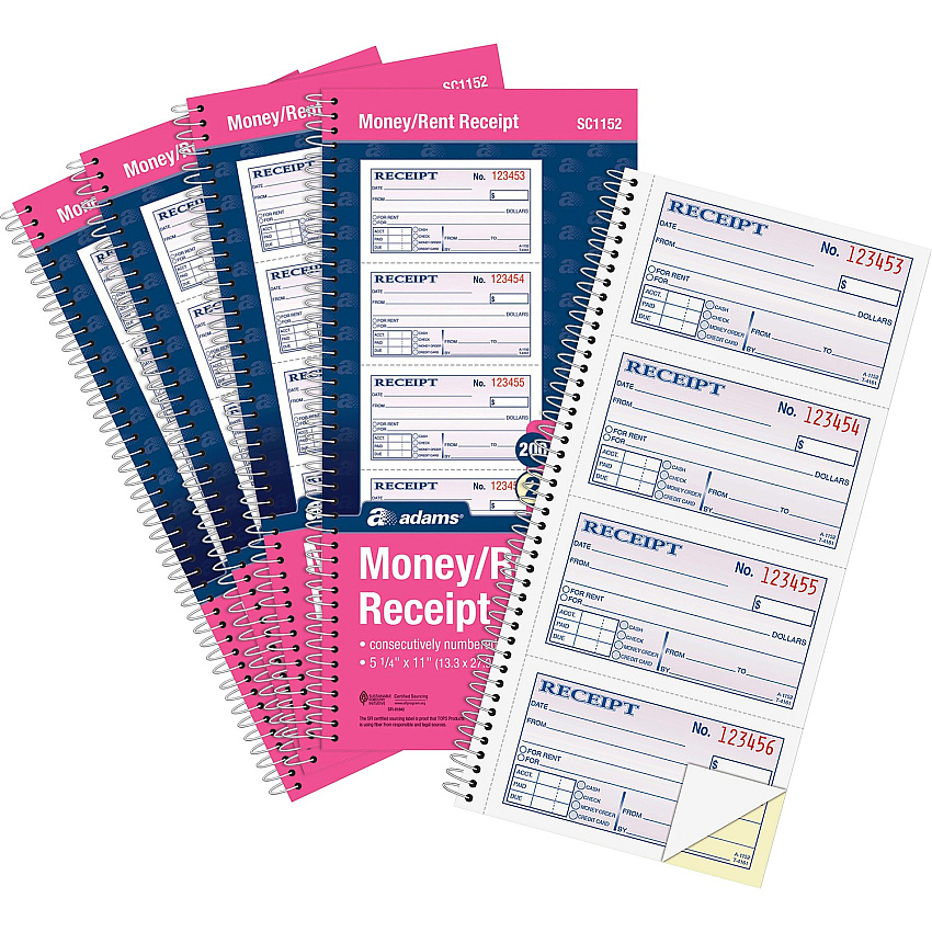 Adams Spiral 2-part Money/Rent Receipt Book 200 Sheet(s) - Spiral Bound - 2 Part - 11" x 5.25" Form Size - White, Canary - Assorted Sheet(s) - 5 / Pack (SC1152PK)