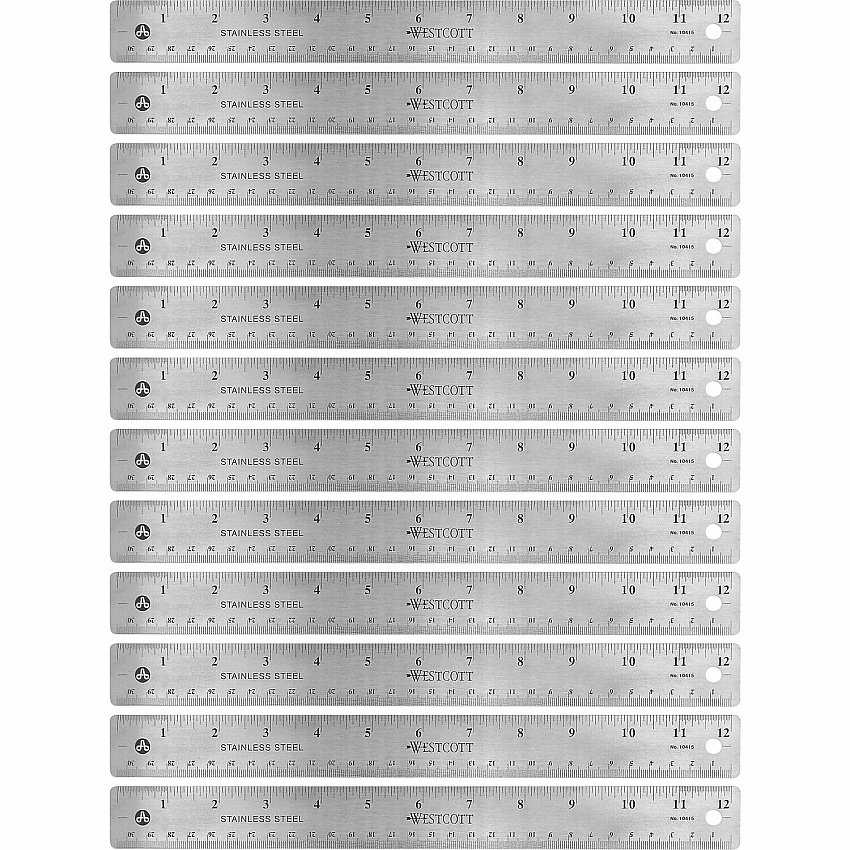 Westcott Stainless Steel Rulers 12" Length x 1" Width - 1/16, 1/32 Graduations - Metric, Imperial Measuring System - Stainless Steel - Stainless Steel - 12 / Box (10415BX)