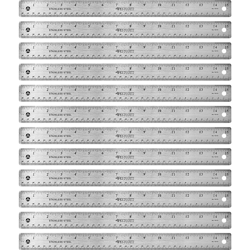 Westcott Stainless Steel Rulers 15" Length x 1" Width - 1/16, 1/32 Graduations - Metric, Imperial Measuring System - Stainless Steel - Stainless Steel - 12 / Box (10416BX)