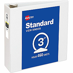 Avery&reg; Economy View Binder 3" Binder Capacity - Letter - 8 1/2" x 11" Sheet Size - 460 Sheet Capacity - 3 Ring - Fastener: Round Ring - Pocket: 2, Internal - Vinyl - White - 1.79 lb - Gap-free Ring, Rivet, Clear Overlay, Non Locking Mechanis (05741BD)