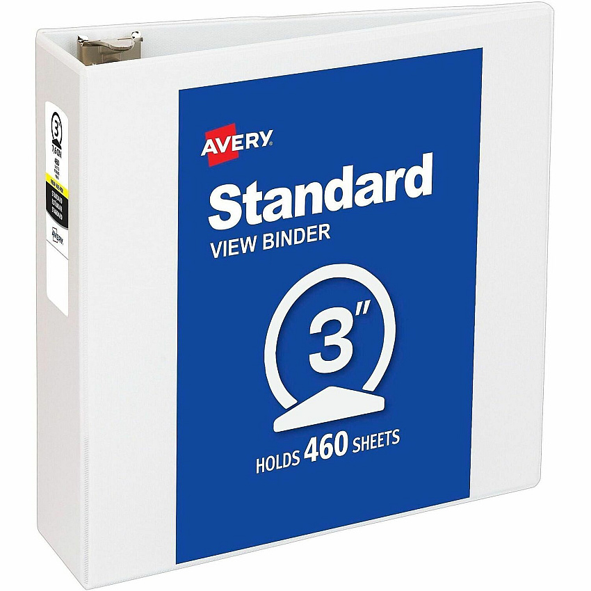 Avery&reg; Economy View Binder 3" Binder Capacity - Letter - 8 1/2" x 11" Sheet Size - 460 Sheet Capacity - 3 Ring - Fastener: Round Ring - Pocket: 2, Internal - Vinyl - White - 1.79 lb - Gap-free Ring, Rivet, Clear Overlay, Non Locking Mechanis (05741BD)