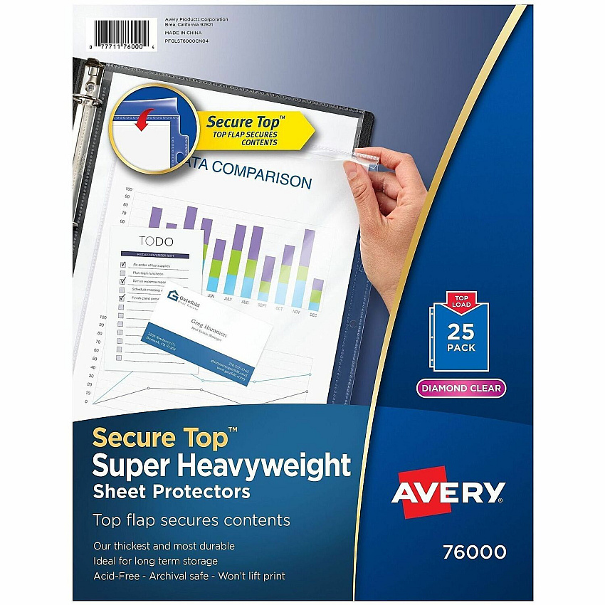 Avery&reg; Secure Top Sheet Protectors For Letter 8 1/2" x 11" Sheet - 3 x Holes - Ring Binder - Top Loading - Clear - Polypropylene - 25/Pack - 3 / Bundle (76000BD)
