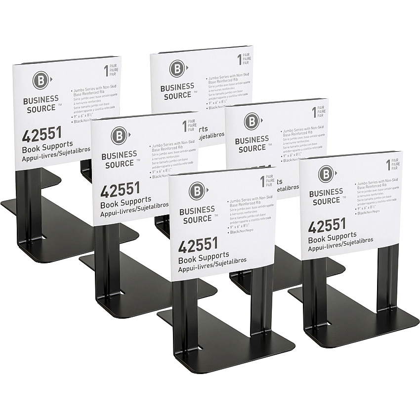 Business Source Heavy-gauge Steel Book Supports 8.50" Height x 9" Width x 6" Depth - Desktop - Non-skid Base, Scratch Resistant, Stain Resistant - Black - Steel - 2/Pair - 6 / Box (BSN42551BX)