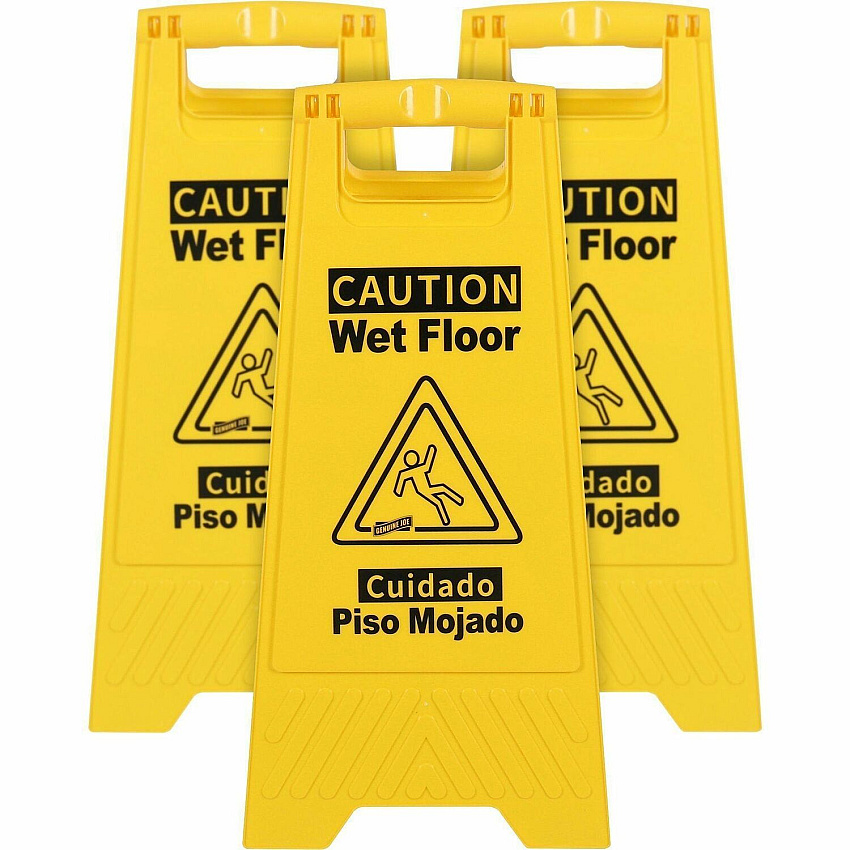 Genuine Joe Universal Graphic Wet Floor Sign Print/Message "Wet Floor" - Foldable - Yellow - 3 / Bundle (GJO85117BD)