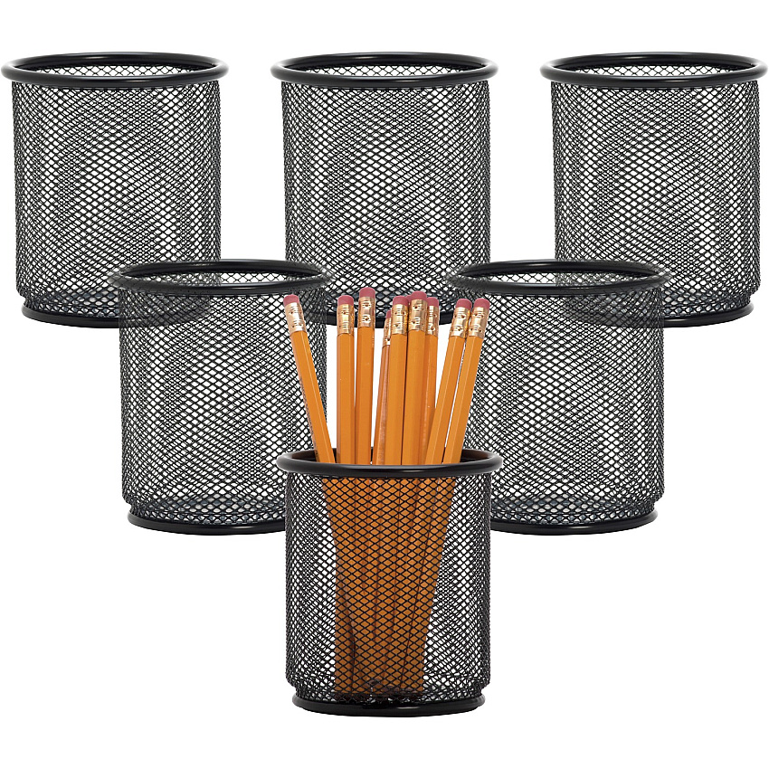 Lorell Mesh Wire Pencil Cup Holders 3.5" Height x 3.9" Width - Steel - Black - 6 / Box (LLR84149BX)