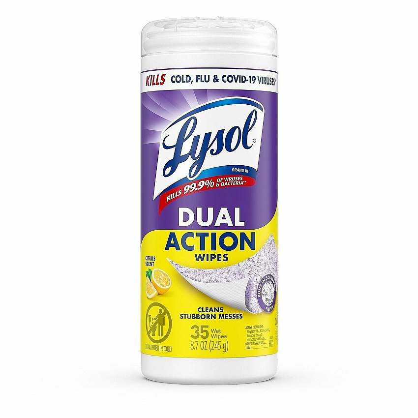 Lysol Dual Action Wipes For Multi Surface - Citrus Scent - Recommended For: Stain Remover - White/Purple - 35/Tub - 1 Each (81143)