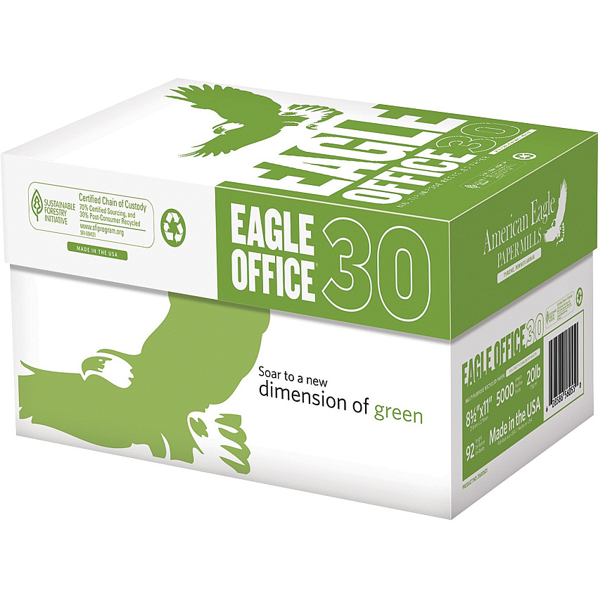 American Eagle Recycled Paper - White 92 Brightness - Letter - 8 1/2" x 11" - 20 lb Basis Weight - Sustainable Forestry Initiative (SFI) - White - 500/Ream - 10 / Carton (AE30)