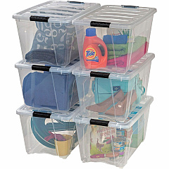 IRIS Stackable Clear Storage Boxes Internal Dimensions: 16.10" Length x 11.60" Width x 12.20" Height - External Dimensions: 22" Length x 16.5" Width x 13" Height - 13.25 gal - Latch Lock, Buckle Closure - Stackable - Clear, Black - For Shoes, Bla (100245)