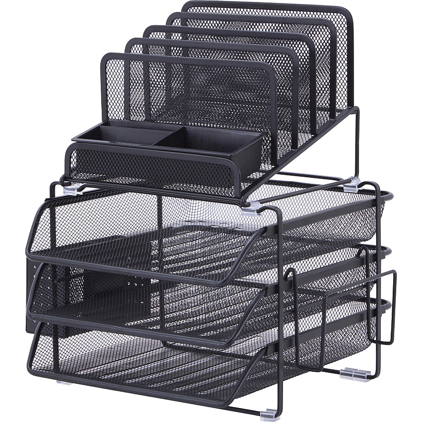 Lorell Divided 4-tier Desktop Organizer 4 Tier(s) - 15.75" Height x 12.87" Width x 14.37" Depth - Desktop - Black - Plastic, Mesh - 1 Each (LLR95251)