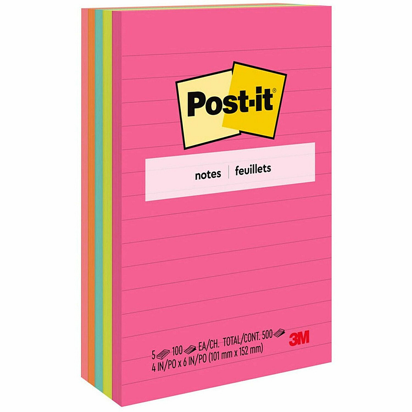 Post-it&reg; Notes Original Notepads - Poptimistic Color Collection 4" Flag/Note Width x 6" Flag/Note Length - Rectangle - 100 Sheets per Pad - Ruled - Power Pink, Neon Green, Aqua, Neon Orange, Guava Pink - Self-adhesive, Self-stick - 5 / Pack (6605AN)