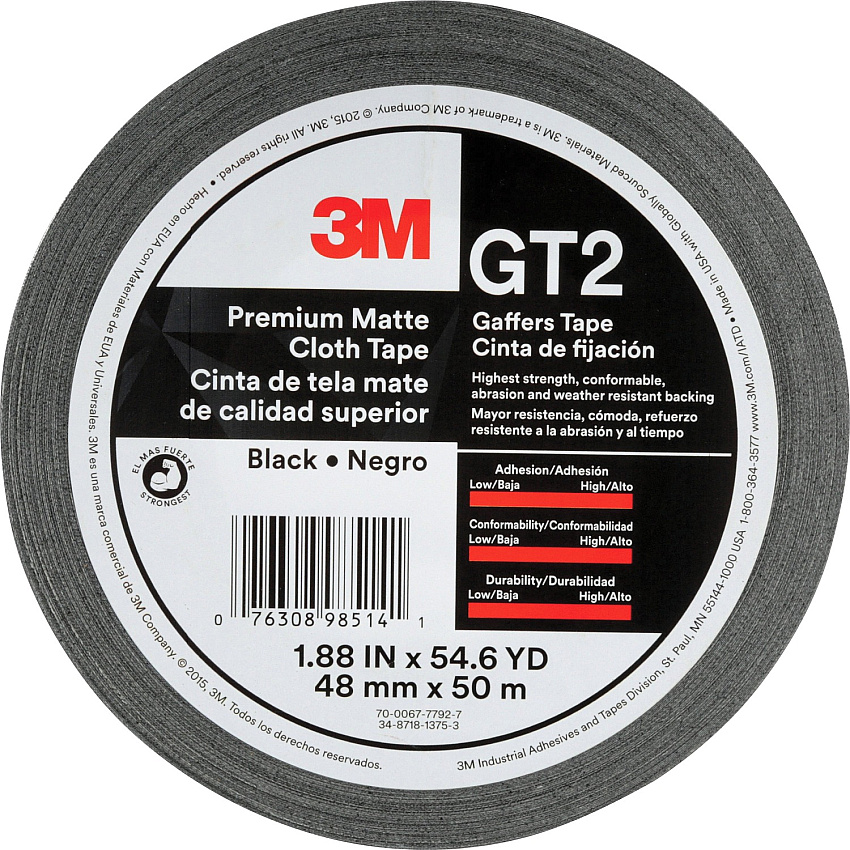 3M Gaffers Cloth Tape 54.60 yd Length x 1.90" Width x 11 mil Thickness - Black - Vinyl - 1 Roll (GT2)