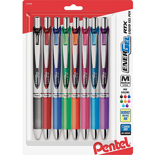 Pentel EnerGel RTX Liquid Steel Tip Gel Pens 0.7 mm Medium Pen Point - Refillable - Retractable - Assorted Ink - Gel-based - Stainless Steel Tip - 8 / Pack (BL77BP8M)