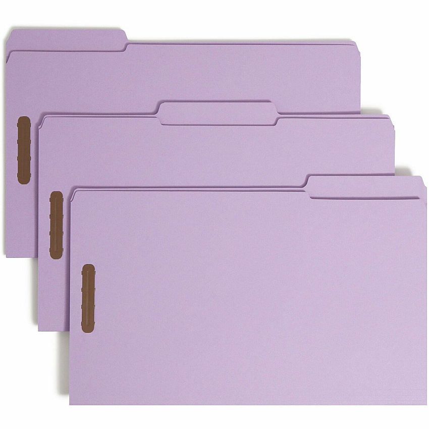 Smead 1/3 Tab Cut Legal Recycled Fastener Folder 8 1/2" x 14" - 2 Fastener - Top Tab Location - Assorted Tab Position - Lavender - Reinforced Tab - 10% Recycled - 50 / Box (17440)