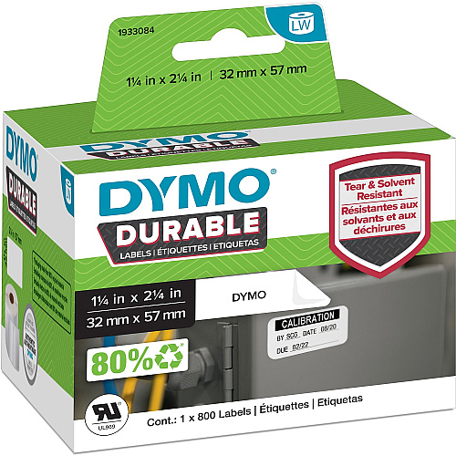 DYMO LW Durable 2-1/4" x 1-1/4" (57mm x 32mm) White Poly, 800 labels (1933084)